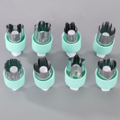 Hand Press Fruit and Vegetable Cookie Cutter 8-Piece Set, Food Shape Molds—Cyan