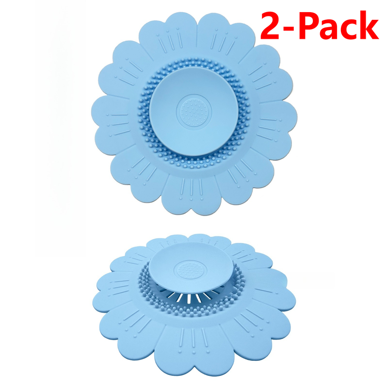 Sunflower Silicone Sink Filter Mat 2-Pack, Anti-Clog Hair, Odor-Proof Drain Cover for Kitchen and Bathroom—Blue