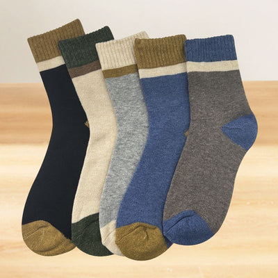 5 Pairs Men Color Block Terry Crew Socks, Thick Warm Minimalist Business Cotton Socks For Autumn Winter