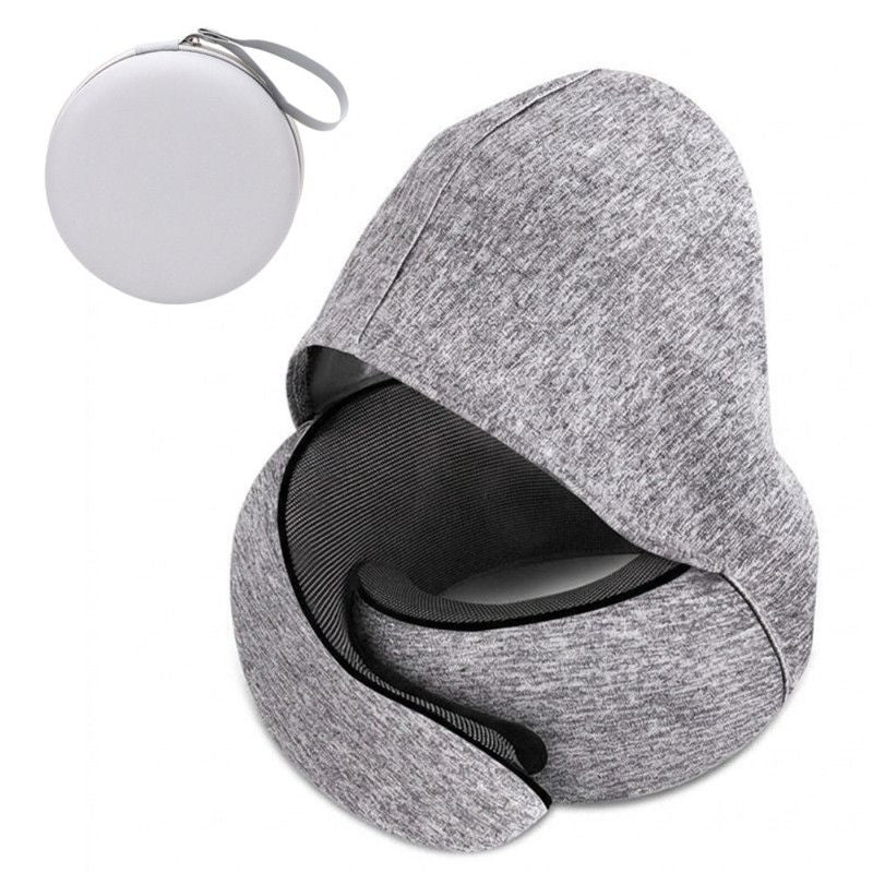 Hooded Memory Foam U-Shaped Travel Pillow, Foldable Light-Blocking for Napping on Planes and Trains—Light Gray