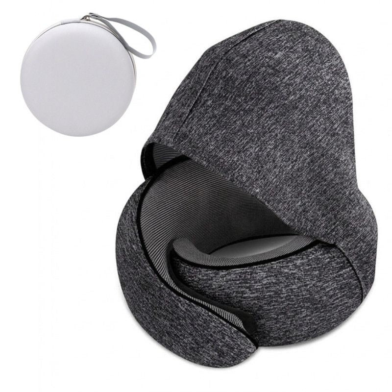 Hooded Memory Foam U-Shaped Travel Pillow, Foldable Light-Blocking for Napping on Planes and Trains—Dark Gray