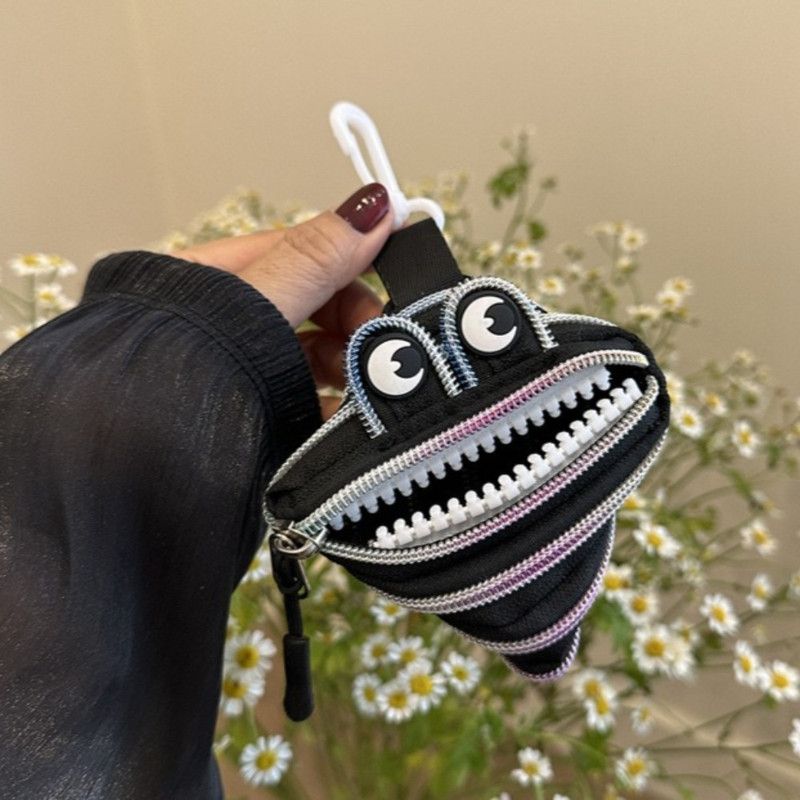 Creative Multi-zip Monster Coin Purse, Earphone and Key Storage Pouch with Detachable Hook—Black