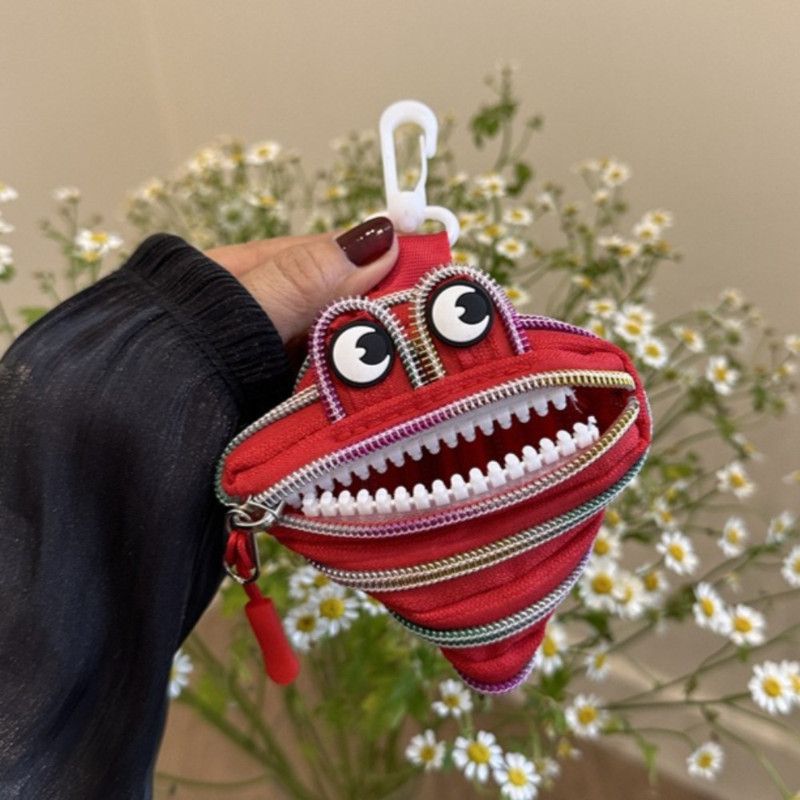 Creative Multi-zip Monster Coin Purse, Earphone and Key Storage Pouch with Detachable Hook - Red