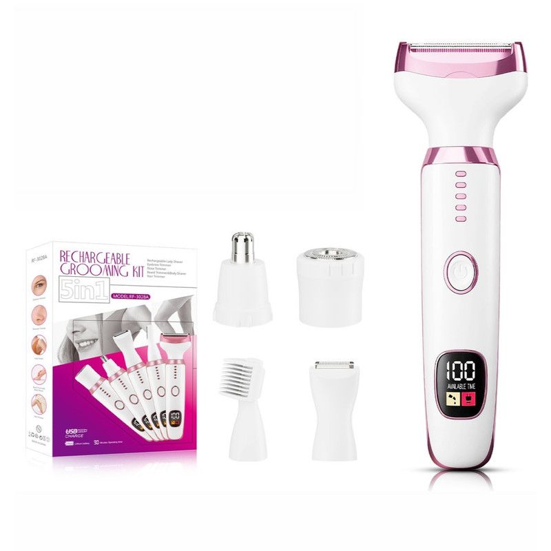 5-in-1 Electric Hair Trimmer with LED Display, Women's Body Shaver for Nose, Eyebrow and Underarm Hair Removal