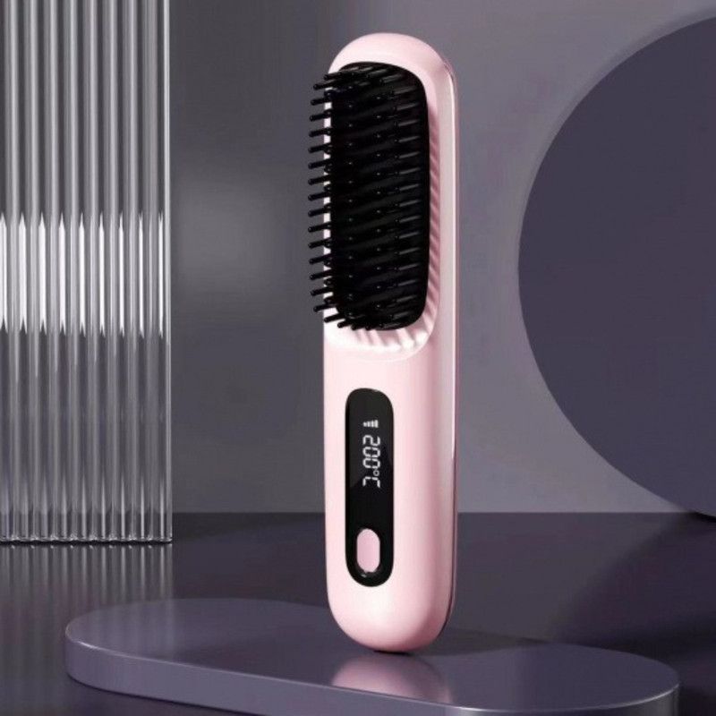 Portable Negative Ion Hair Straightener Brush, 3-Temperature Dual-Use Styling Comb for Travel and Home Use—Pink