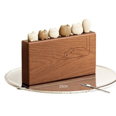 Cute Cat Fruit Fork Set with Solid Wood Storage Base, Food-Grade 304 Stainless Steel Dessert Forks—White