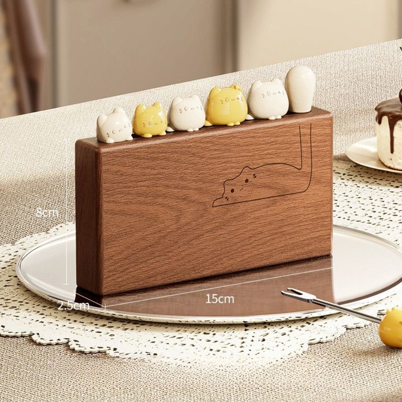 Cute Cat Fruit Fork Set with Solid Wood Storage Base, Food-Grade 304 Stainless Steel Dessert Forks—Yellow