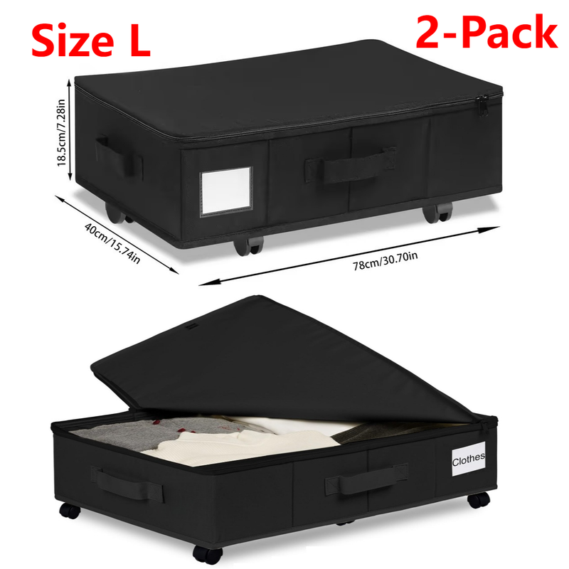 2-Pack -L- Under-Bed Storage Bins with Wheels, Foldable Flat Fabric Storage Containers for Clothes and Miscellaneous Items - Black