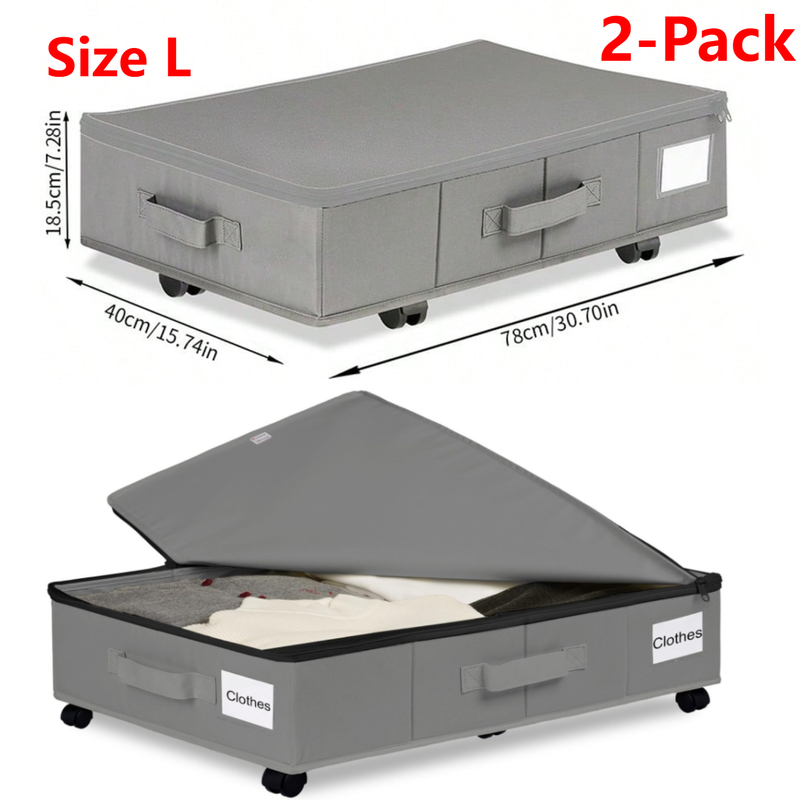2-Pack -L- Under-Bed Storage Bins with Wheels, Foldable Flat Fabric Storage Containers for Clothes and Miscellaneous Items - Gray