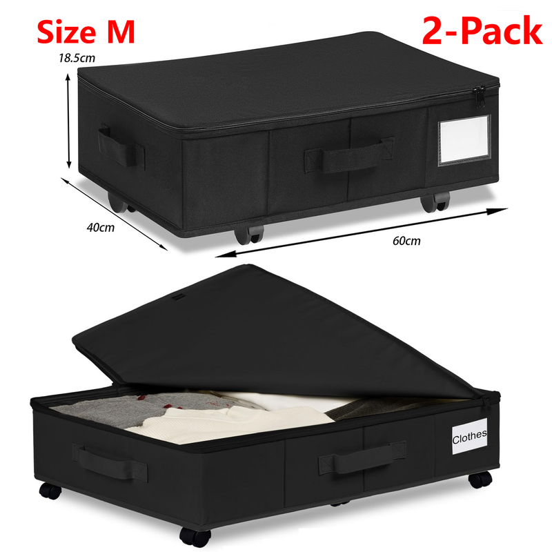 2-Pack -M- Under-Bed Storage Bins with Wheels, Foldable Flat Fabric Storage Containers for Clothes and Miscellaneous Items - Black