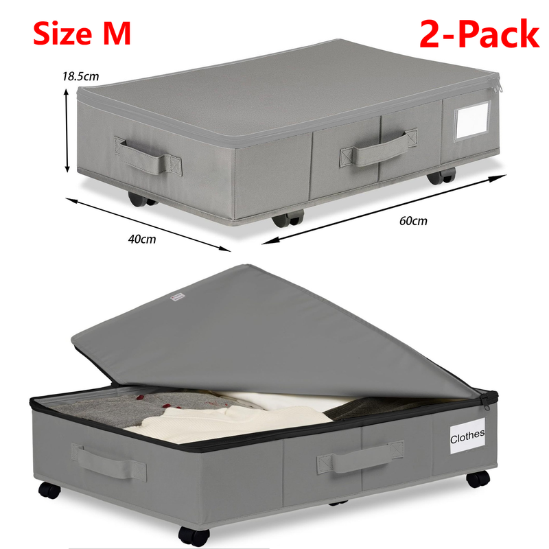 2-Pack -M- Under-Bed Storage Bins with Wheels, Foldable Flat Fabric Storage Containers for Clothes and Miscellaneous Items - Gray
