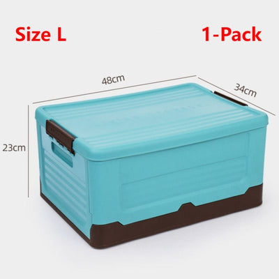 L Foldable Plastic Storage Boxes, Stackable Organizer Bins for Closets, Under Beds, Camping, and Car Trunks—Blue