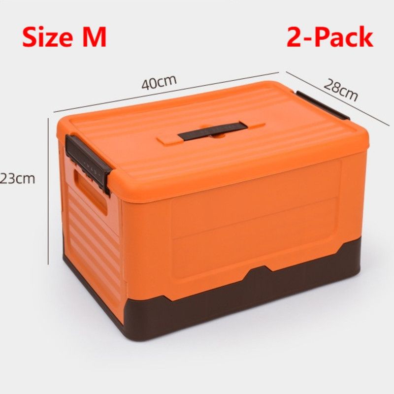 2-Pack M Foldable Plastic Storage Boxes, Stackable Organizer Bins for Closets, Under Beds, Camping, and Car Trunks—Orange