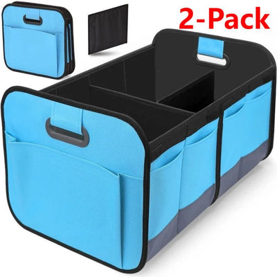 2-Pack - 3-Compartment Foldable Oxford Car Trunk Organizer, Waterproof Storage Bin for Vehicles and Under Beds—Blue