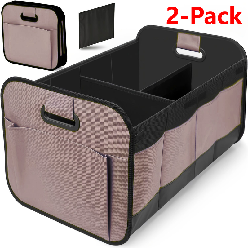 2-Pack - 3-Compartment Foldable Oxford Car Trunk Organizer, Waterproof Storage Bin for Vehicles and Under-Bed Use - Brown