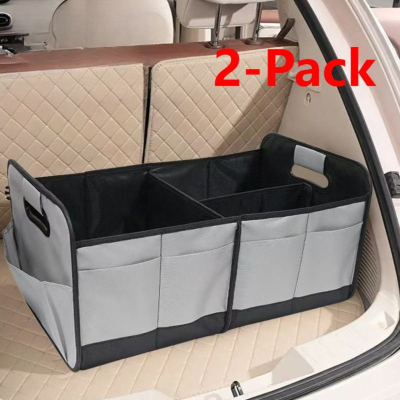 2-Pack - 3-Compartment Foldable Oxford Car Trunk Organizer, Waterproof Storage Bin for Vehicles and Under Beds—Gray