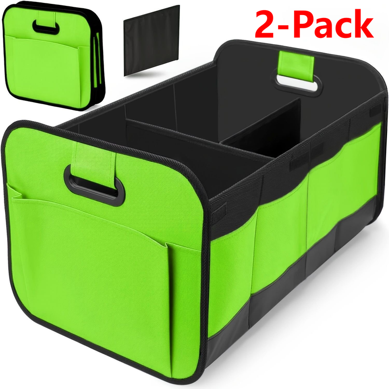 2-Pack - 3-Compartment Foldable Oxford Car Trunk Organizer, Waterproof Storage Bin for Vehicles and Under-Bed Use - Green