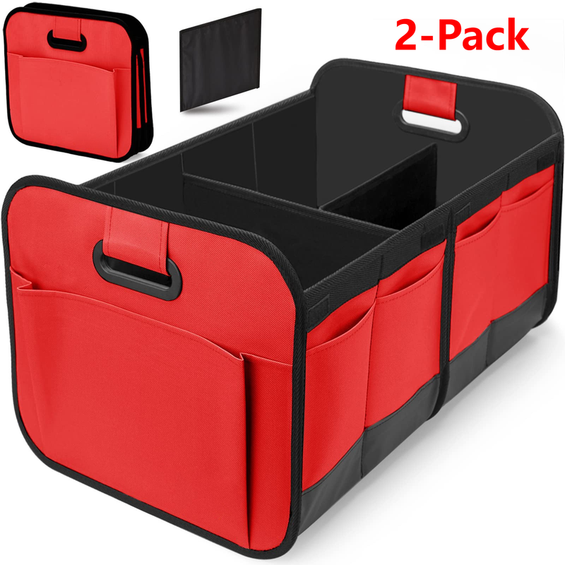 2-Pack - 3-Compartment Foldable Oxford Car Trunk Organizer, Waterproof Storage Bin for Vehicles and Under Beds—Red