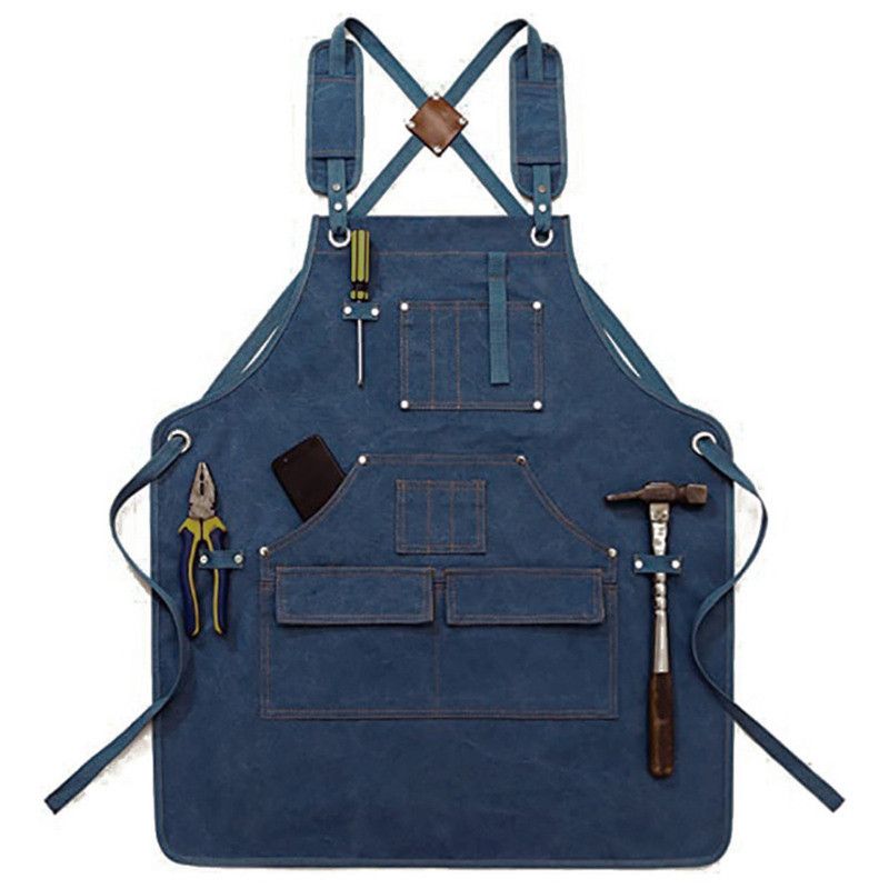 Thick Canvas Tool Apron With Multiple Pockets, Adjustable Work Apron for Woodworking, Gardening, and Auto Repair—Blue