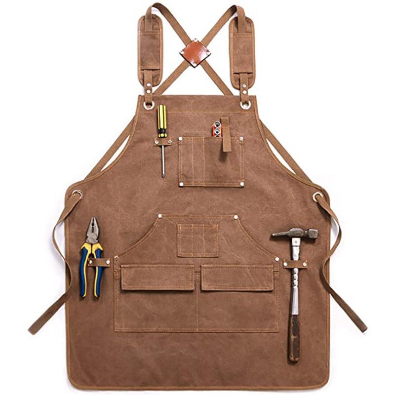 Thick Canvas Tool Apron With Multiple Pockets, Adjustable Work Apron for Woodworking, Gardening, and Auto Repair—Brown
