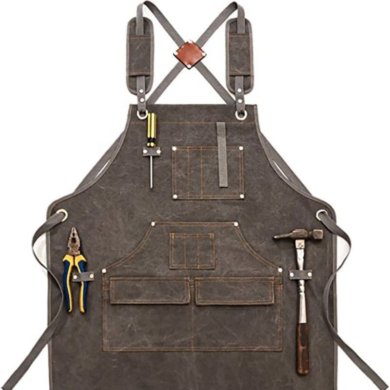 Thick Canvas Tool Apron With Multiple Pockets, Adjustable Work Apron for Woodworking, Gardening, and Auto Repair—Gray