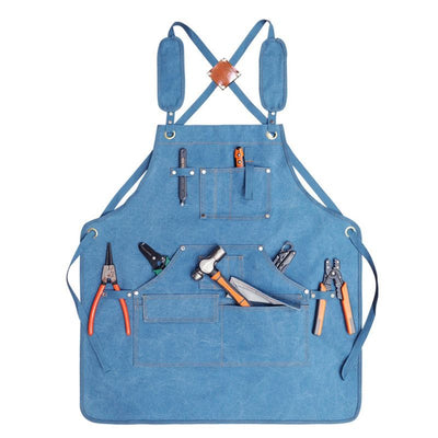 Thick Canvas Tool Apron With Multiple Pockets, Adjustable Work Apron for Woodworking, Gardening, and Auto Repair—Sky Blue