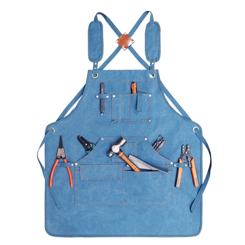 Thick Canvas Tool Apron With Multiple Pockets, Adjustable Work Apron for Woodworking, Gardening, and Auto Repair—Sky Blue