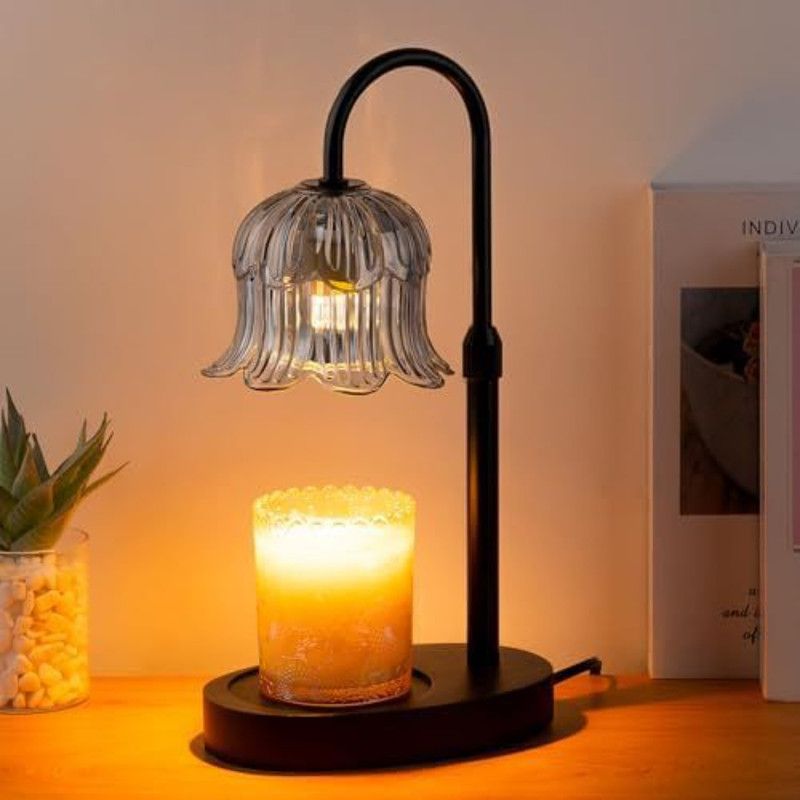 Lily of the Valley Candle Warmer Lamp with Dimmer Knob, Wooden Base Aroma Table Lamp for Bedroom Decor - Gray