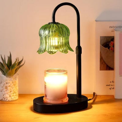 Lily of the Valley Candle Warmer Lamp with Dimmer Knob, Wooden Base Aroma Table Lamp for Bedroom Decor—Green
