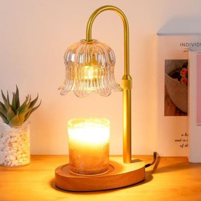 Lily of the Valley Candle Warmer Lamp with Dimmer Knob, Wooden Base Aroma Table Lamp for Bedroom Decor—Natural Wood Color