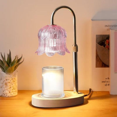 Lily of the Valley Candle Warmer Lamp with Dimmer Knob, Wooden Base Aroma Table Lamp for Bedroom Decor - Pink