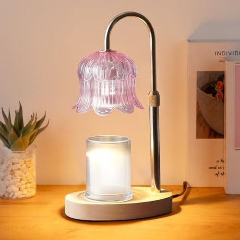 Lily of the Valley Candle Warmer Lamp with Dimmer Knob, Wooden Base Aroma Table Lamp for Bedroom Decor - Pink