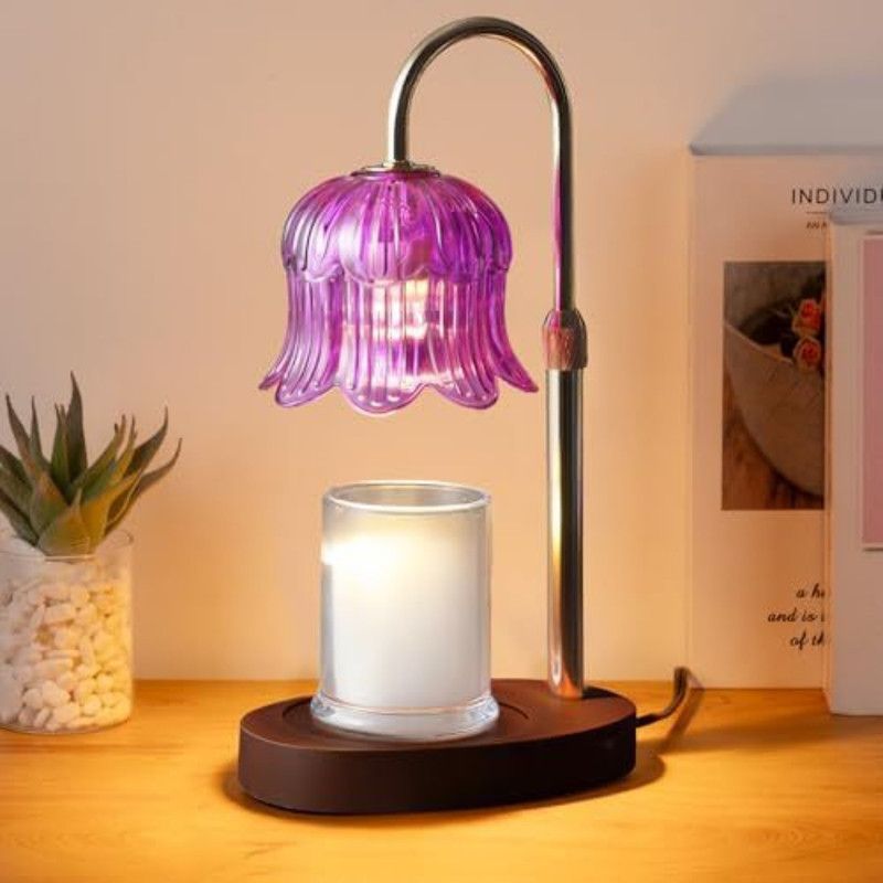 Lily of the Valley Candle Warmer Lamp with Dimmer Knob, Wooden Base Aroma Table Lamp for Bedroom Decor—Purple