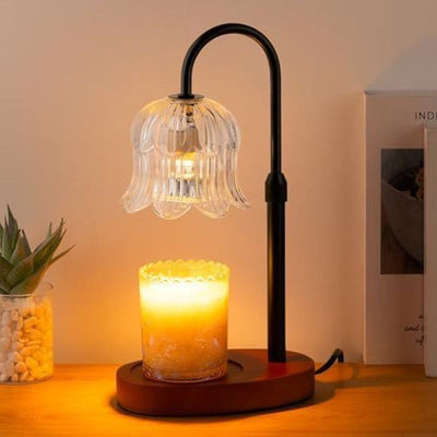 Lily of the Valley Candle Warmer Lamp with Dimmer Knob, Wooden Base Aroma Table Lamp for Bedroom Decor—Clear—Walnut