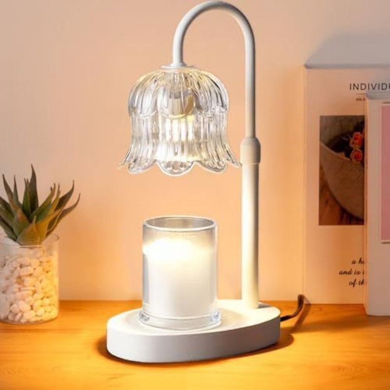 Lily of the Valley Candle Warmer Lamp with Dimmer Knob, Wooden Base Aroma Table Lamp for Bedroom Decor - White