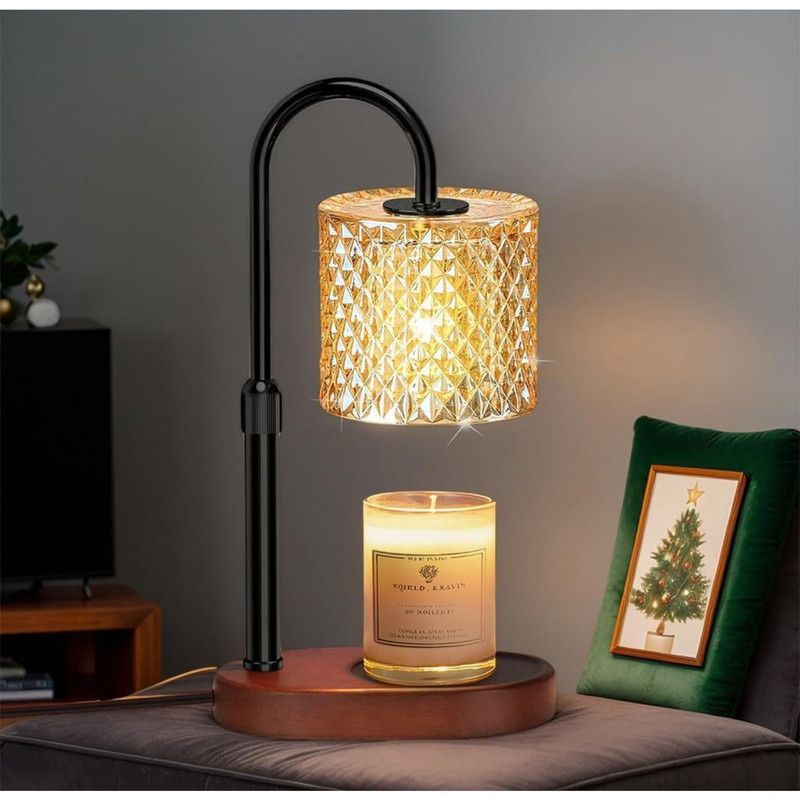 Adjustable Timed Candle Warmer Lamp, Wooden Base Glass Aroma Lamp, Candle Not Included, Comes with 2 Bulbs—Walnut Color