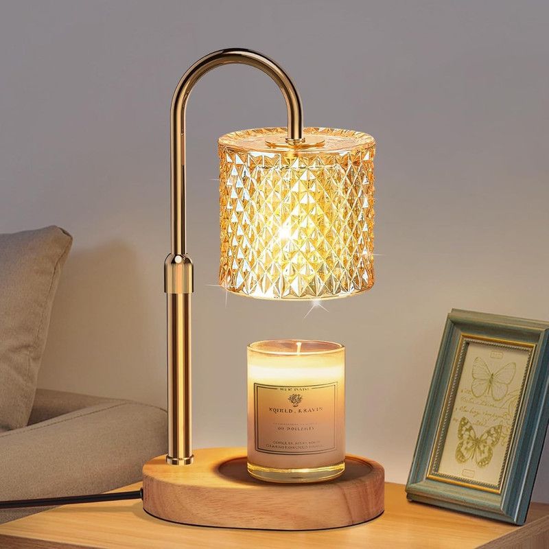Adjustable Timed Candle Warmer Lamp, Wooden Base Glass Aroma Lamp, Candle Not Included, Comes with 2 Bulbs—Natural Wood Color
