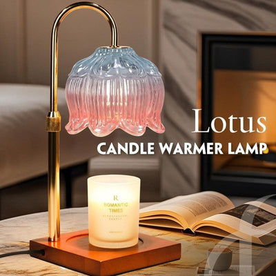 Lotus-Shaped Adjustable Timed Dimmable Candle Warmer Lamp, Wood Base Aroma Table Lamp, Candle Not Included - Blue-Red