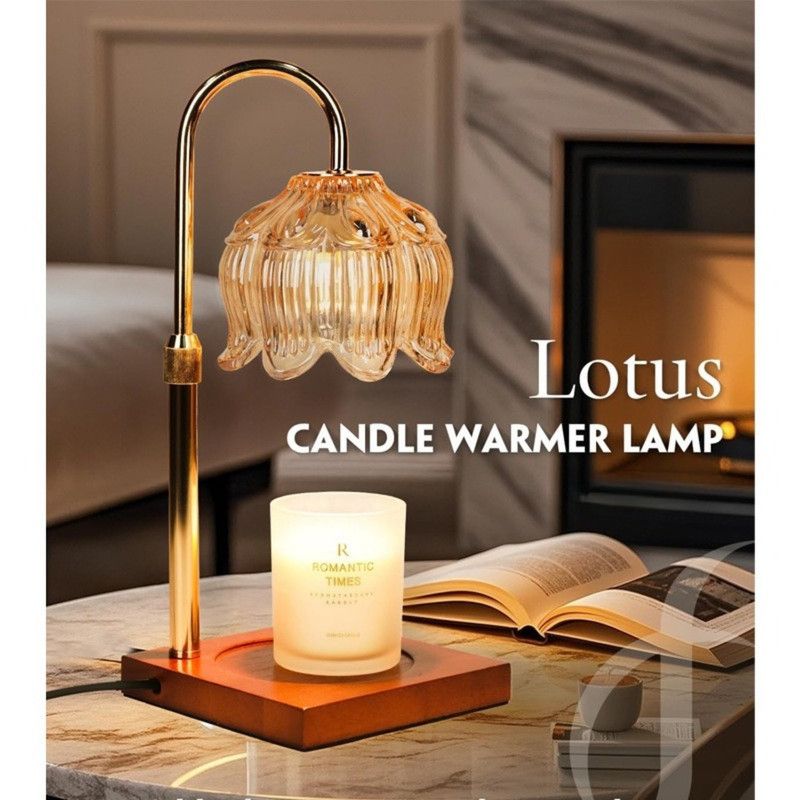 Lotus-Shaped Adjustable, Timed, Dimmable Candle Warmer Lamp, Wood Base Aroma Table Lamp, Candle Not Included—Brown