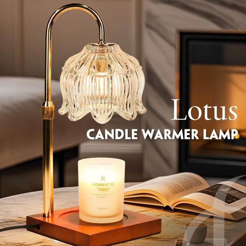 Lotus-Shaped Adjustable Timed Dimmable Candle Warmer Lamp, Wood Base Aroma Table Lamp, Candle Not Included - Clear