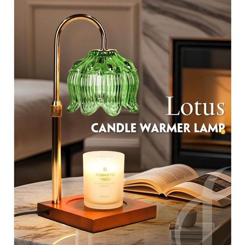 Lotus-Shaped Adjustable Timed Dimmable Candle Warmer Lamp, Wood Base Aroma Table Lamp, Candle Not Included—Green
