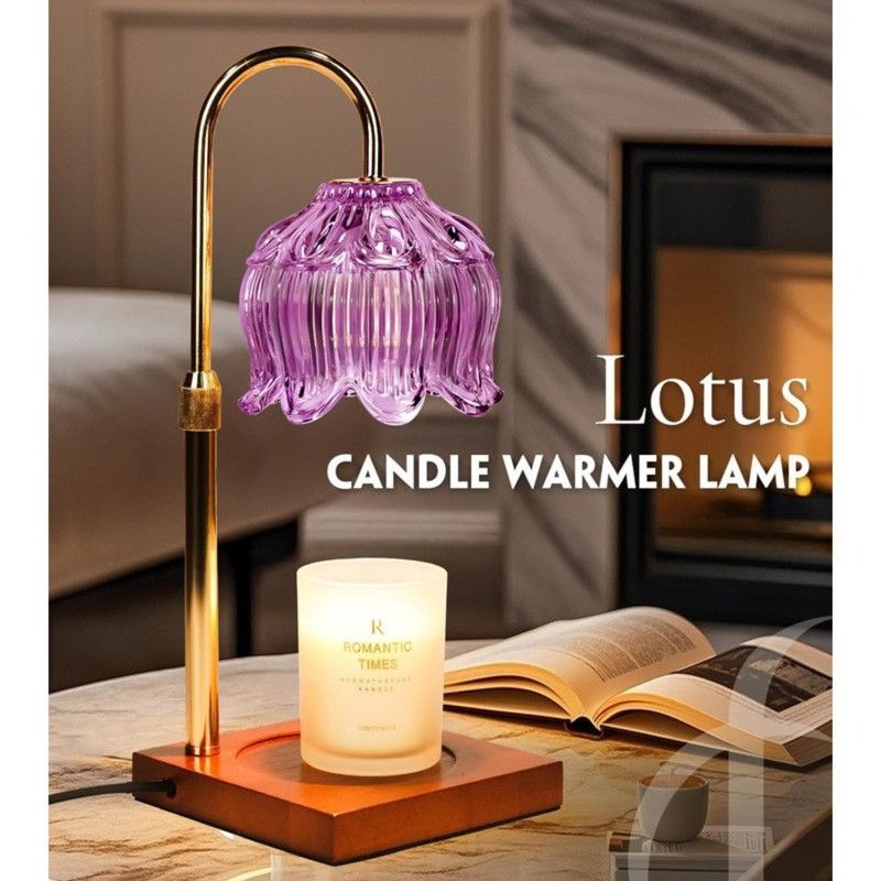 Lotus-Shaped Adjustable Timed Dimmable Candle Warmer Lamp, Wood Base Aroma Table Lamp, Candle Not Included—Purple