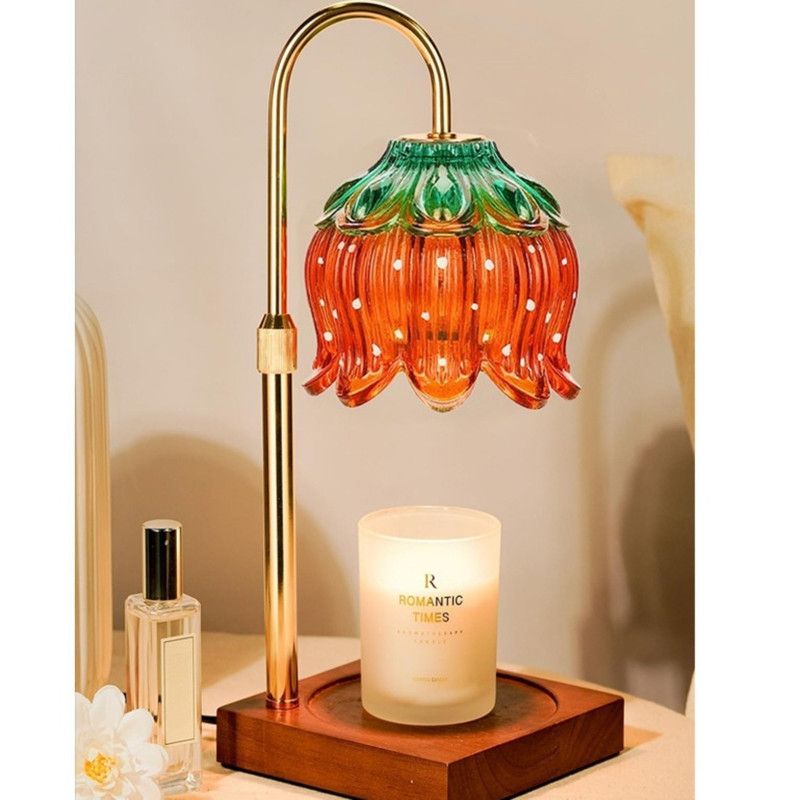 Lotus-Shaped Adjustable, Timed, Dimmable Candle Warmer Lamp, Wood Base Aroma Table Lamp, Candle Not Included—Red