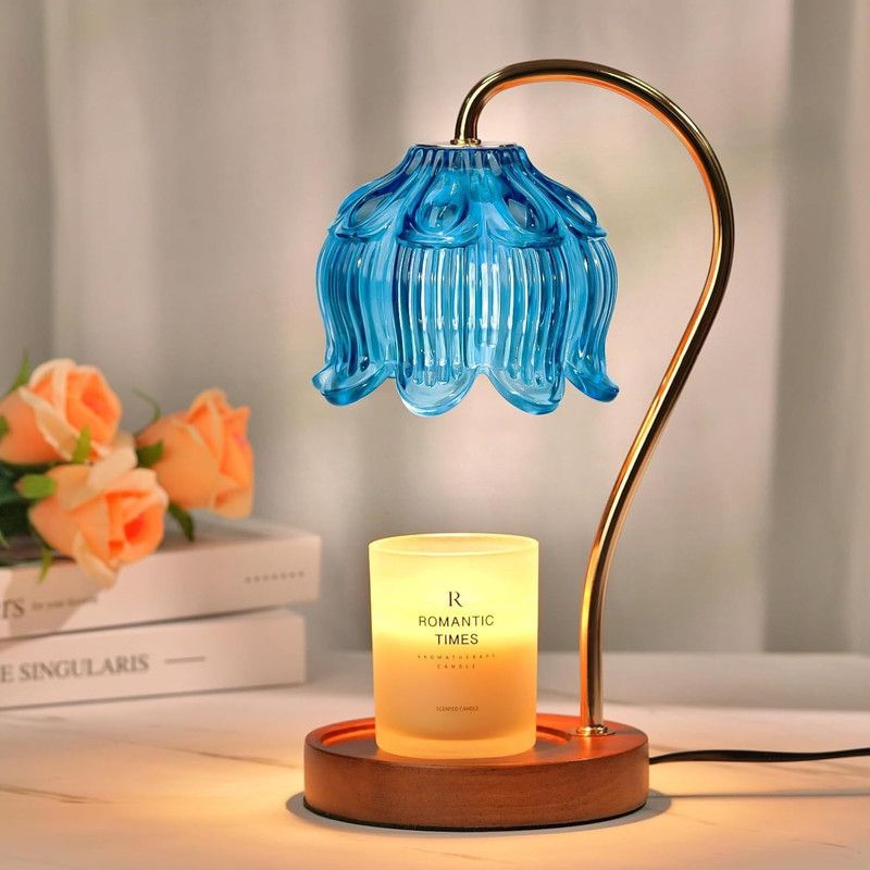 Lotus-Shaped Timed Dimmable Candle Warmer Lamp, Aroma Table Lamp, Candle Not Included—Blue