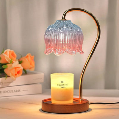 Lotus-Shaped Timed Dimmable Candle Warmer Lamp, Aroma Table Lamp, No Candle Included—Blue-Pink