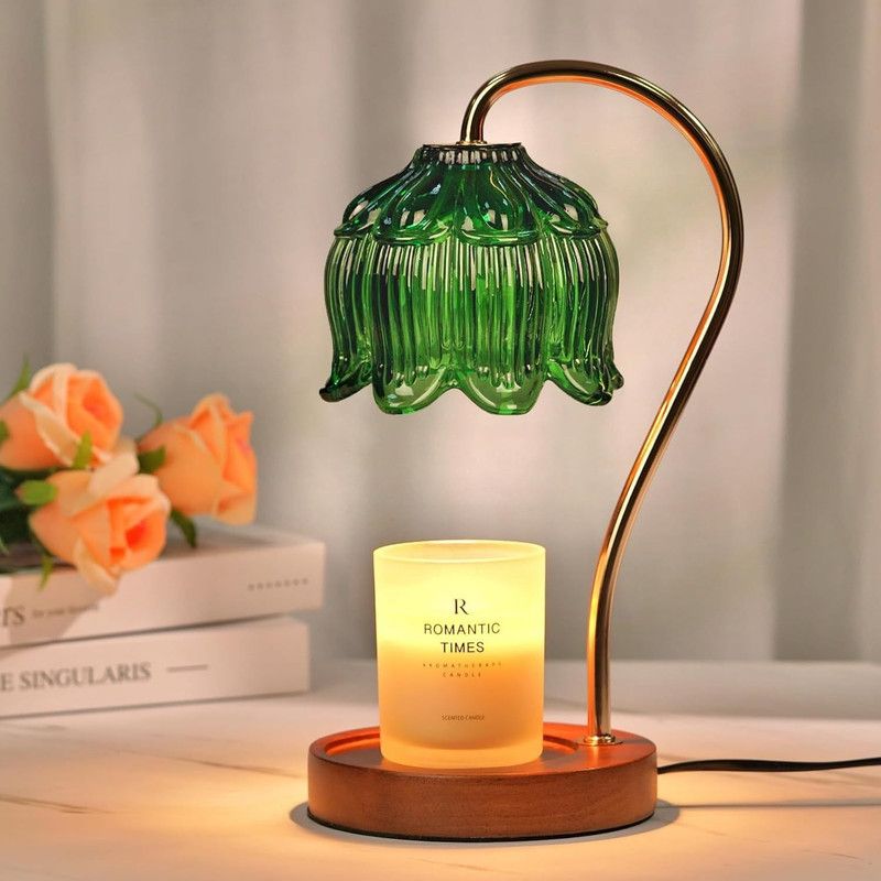 Lotus-Shaped Timed Dimmable Candle Warmer Lamp, Aroma Table Lamp, No Candle Included—Green