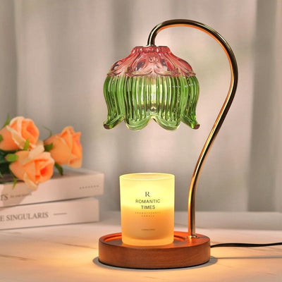Lotus-Shaped Timed Dimmable Candle Warmer Lamp, Aroma Table Lamp, No Candle Included—Pink-Green