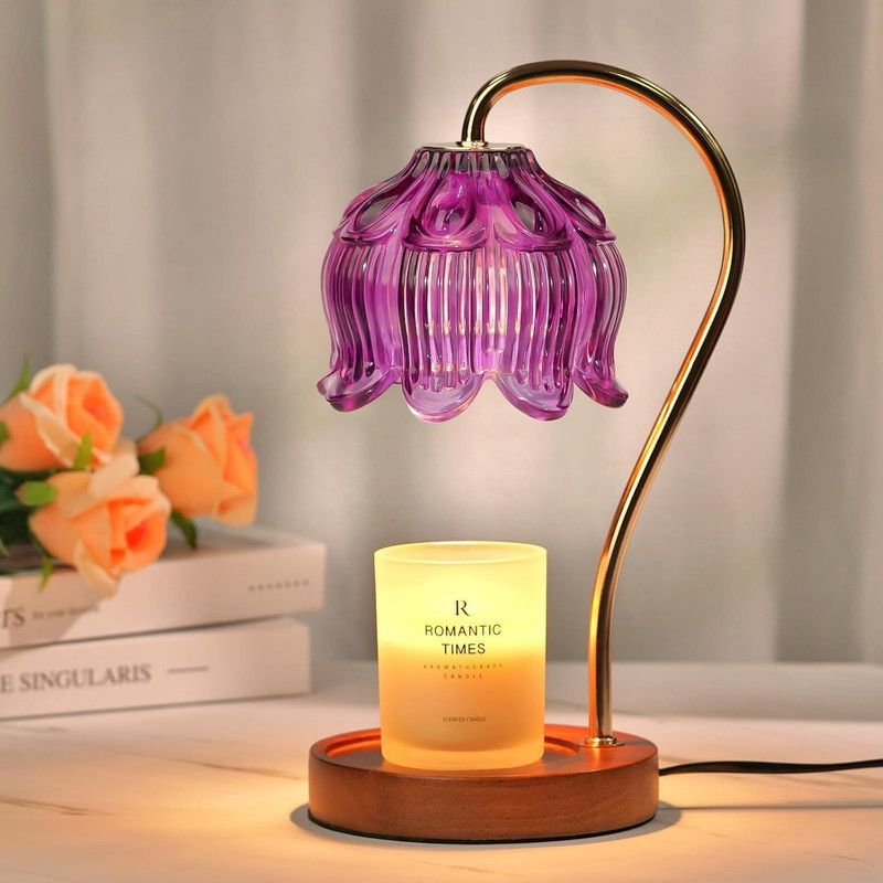 Lotus-Shaped Timed Dimmable Candle Warmer Lamp, Aroma Table Lamp, No Candle Included—Purple