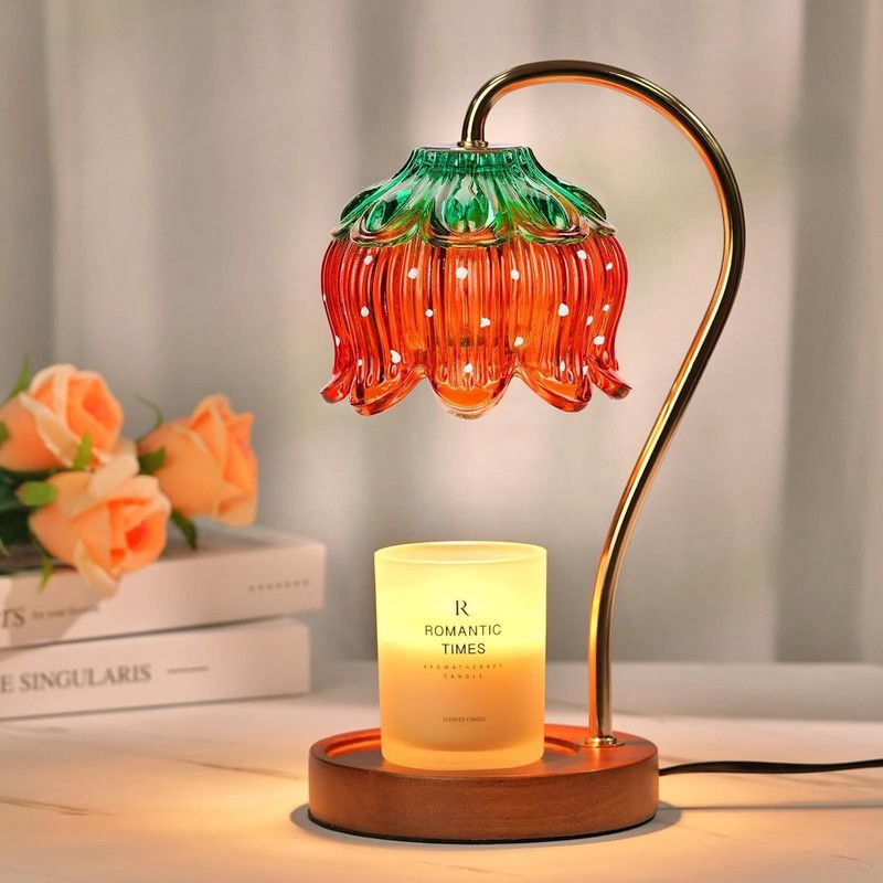 Lotus-Shaped Timed Dimmable Candle Warmer Lamp, Aroma Table Lamp, No Candle Included—Red