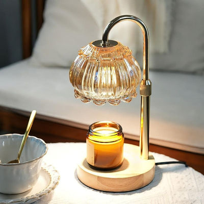 Adjustable Timed Dimmable Candle Warmer Lamp, Wooden Base Smokeless Aroma Table Lamp, Candle Not Included—Beige